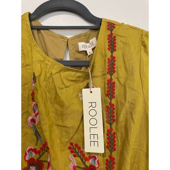 NWT Roolee Embroidered Floral 3/4 Sleeve Mini Dress Mustard Womens Size Small - Picture 2 of 3